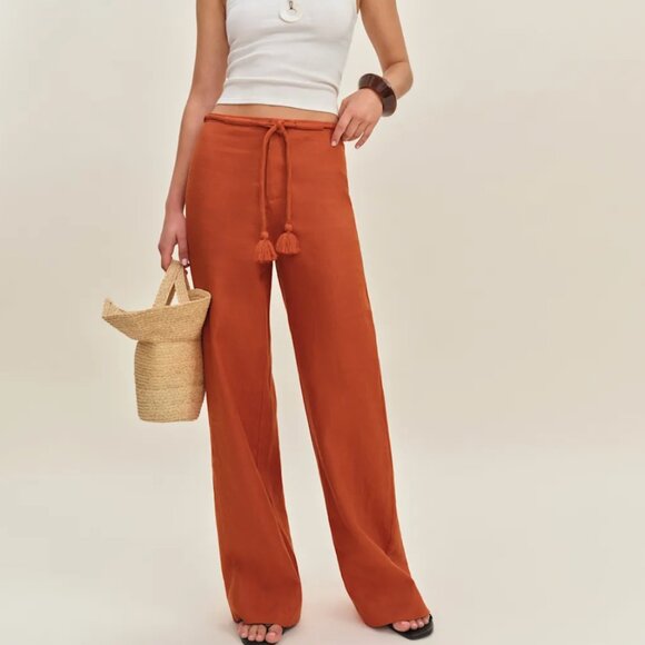 NEW Reformation Avery Linen Pant Sz4 Blood Orange Causal Vacation Straight Leg - Picture 2 of 8